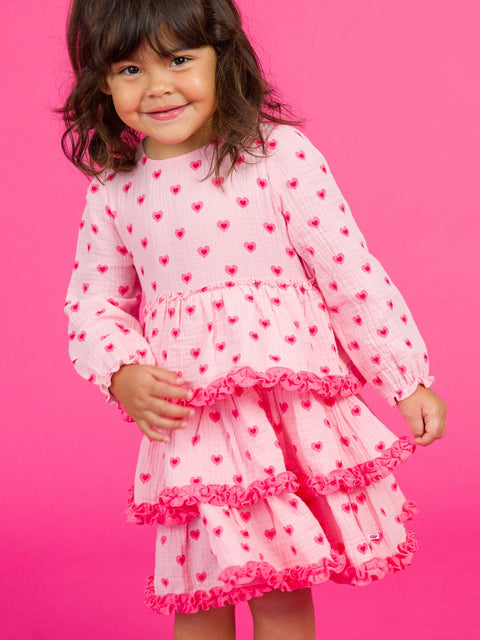 Cotton Gauze Tiered Ruffle Dress - Girls I Heart You