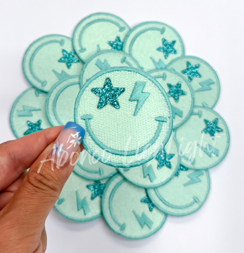 ABLN Boutique - Iron on Patch - 3" Turquoise Glitter Star Bolt Smiley Face