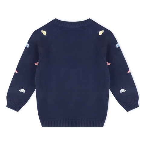 Viverano - Mini Beetle Cars Embroidered Raglan Pullover Sweater - Navy Blue