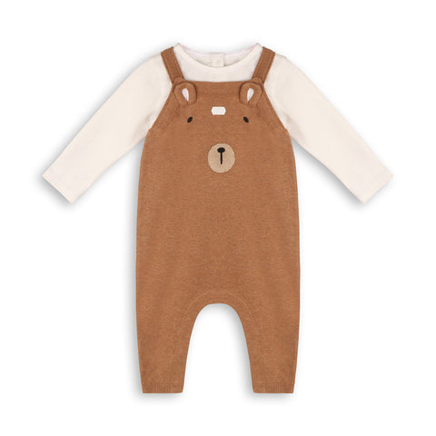 Viverano - Bear Embroidered Sweater Knit Overall & Bodysuit Set - Chai Spice