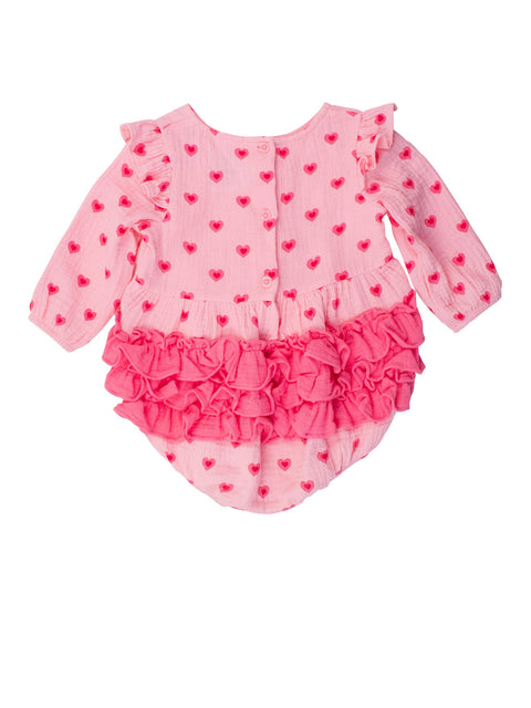 Cotton Gauze Long Sleeve Flutter Bubble Romper - Baby Girls I Heart You