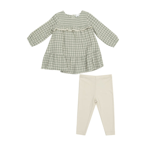 Angel Dear - Smocked Ruffle Tired Sundress and Ribbed Leggings - Mini Green Gingham