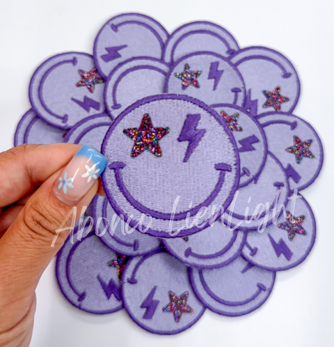 ABLN Boutique - Iron on Patch - 3" Purple Glitter Star Bolt Smiley Face