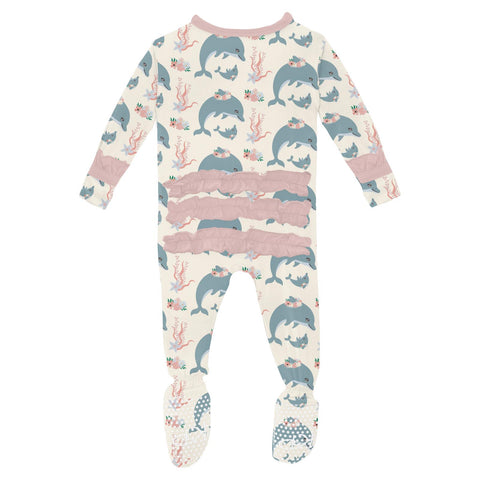 Kickee Pants - Print Classic Ruffle Zipper Footie - Natural Dolphins