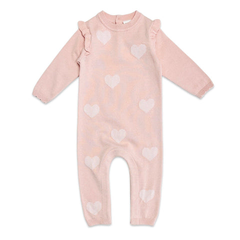 Viverano - Hearts Jacquard Knit Baby Jumpsuit - Blush Pink